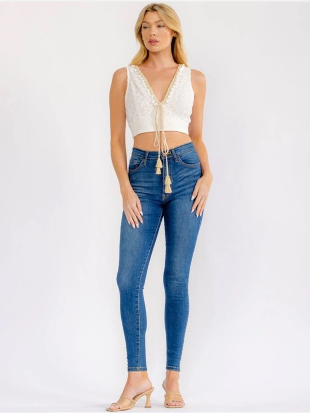 White Crochet V-Neck Crop Top with Tassel Tie - Picture 4 of 10